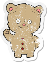 retro distressed sticker of a cartoon teddy bear waving png