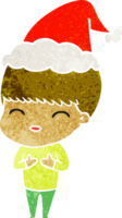 happy hand drawn retro cartoon of a boy wearing santa hat png