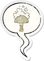 cartoon mushroom with spore cloud with speech bubble distressed distressed old sticker png