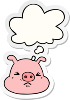 cartoon angry pig face with thought bubble as a printed sticker png