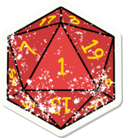 adesivo grunge de um rolo de dados natural de 1 d20 png