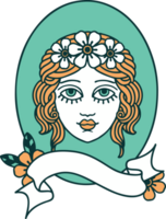 tatouage traditionnel avec bannière d'une jeune fille avec des fleurs dans les cheveux png
