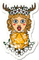 grunge sticker of a human druid with natural twenty dice roll png