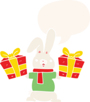 dessin animé lapin avec Noël présente avec discours bulle dans rétro style png