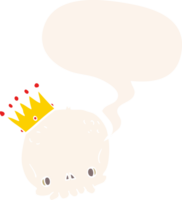 cartoon skull with crown with speech bubble in retro style png