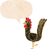 dessin animé coq avec discours bulle dans grunge affligé rétro texturé style png