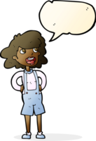 femme de bande dessinée en salopette avec bulle de dialogue png