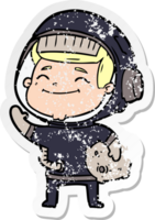 distressed sticker of a happy cartoon astronaut png