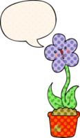 cute cartoon flower with speech bubble in comic book style png