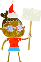 hand drawn retro cartoon of a woman wearing glasses wearing santa hat png