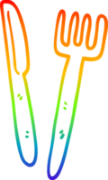 rainbow gradient line drawing of a cartoon knife and fork png