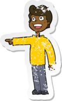 retro distressed sticker of a cartoon man pointing and laughing png