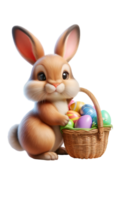 Illustration of cute bunny holding a basket full of colorful easter eggs png