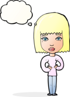 cartoon woman indicating self with thought bubble png