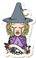 sticker of a crying elf mage character face with natural one D20 roll png