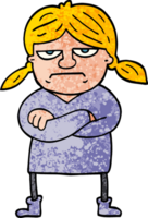 grunge textured illustration cartoon grumpy girl png