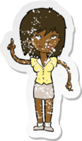retro distressed sticker of a cartoon woman with idea png