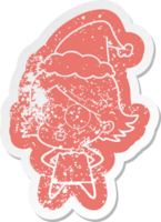 quirky cartoon distressed sticker of a girl pouting wearing santa hat png