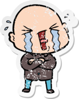 distressed sticker of a cartoon crying bald man png