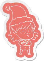 quirky cartoon  sticker of a elf girl staring wearing santa hat png