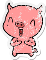 distressed sticker of a happy cartoon pig png