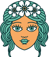 iconisch tatoeëren stijl beeld van vrouw gezicht met kroon van bloemen png