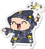 hand drawn distressed sticker cartoon of a happy little wizard png