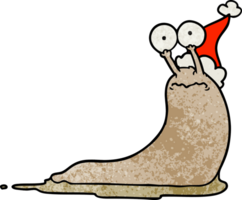 hand drawn textured cartoon of a slug wearing santa hat png