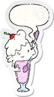 dibujos animados hielo crema soda niña con habla burbuja afligido afligido antiguo pegatina png