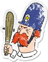 distressed sticker of a cartoon policeman waving baton png