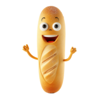 Animated happy baguette character with face and hands, isolated on a transparent background, perfect for bakery or food themed designs and projects png