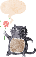 cartoon cat with flower with speech bubble in grunge distressed retro textured style png
