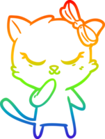 rainbow gradient line drawing of a cute cartoon cat with bow png