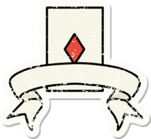 worn old sticker with banner of the ace of diamonds png