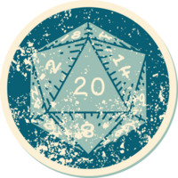 iconic distressed sticker tattoo style image of a d20 dice png