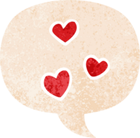 dibujos animados amor corazón con habla burbuja en grunge afligido retro texturizado estilo png