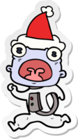 hand drawn sticker cartoon of a weird alien running away wearing santa hat png