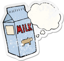 cartoon milk carton with thought bubble as a distressed worn sticker png