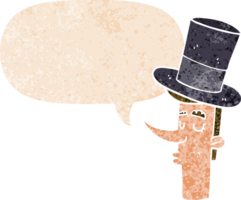 cartoon man wearing top hat with speech bubble in grunge distressed retro textured style png