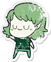 distressed sticker of a happy cartoon elf girl png