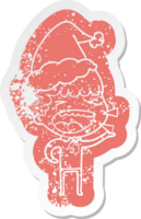 excentrique dessin animé affligé autocollant de une en riant homme portant Père Noël chapeau png