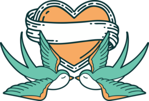 iconic tattoo style image of swallows and a heart with banner png