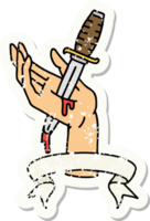 worn old sticker with banner of a dagger in the hand png