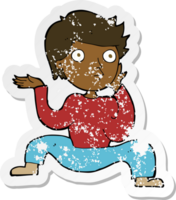 retro distressed sticker of a cartoon boy doing crazy dance png