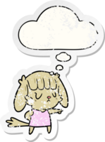cartoon dog girl pointing with thought bubble as a distressed worn sticker png