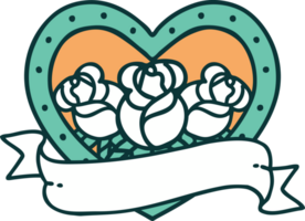 iconic tattoo style image of a heart and banner with flowers png