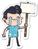 distressed sticker of a cartoon man crying holding sign png
