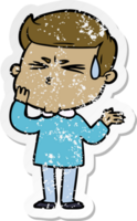 distressed sticker of a cartoon man sweating png