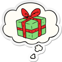 cartoon wrapped gift with thought bubble as a printed sticker png