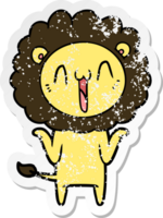 distressed sticker of a happy cartoon lion png